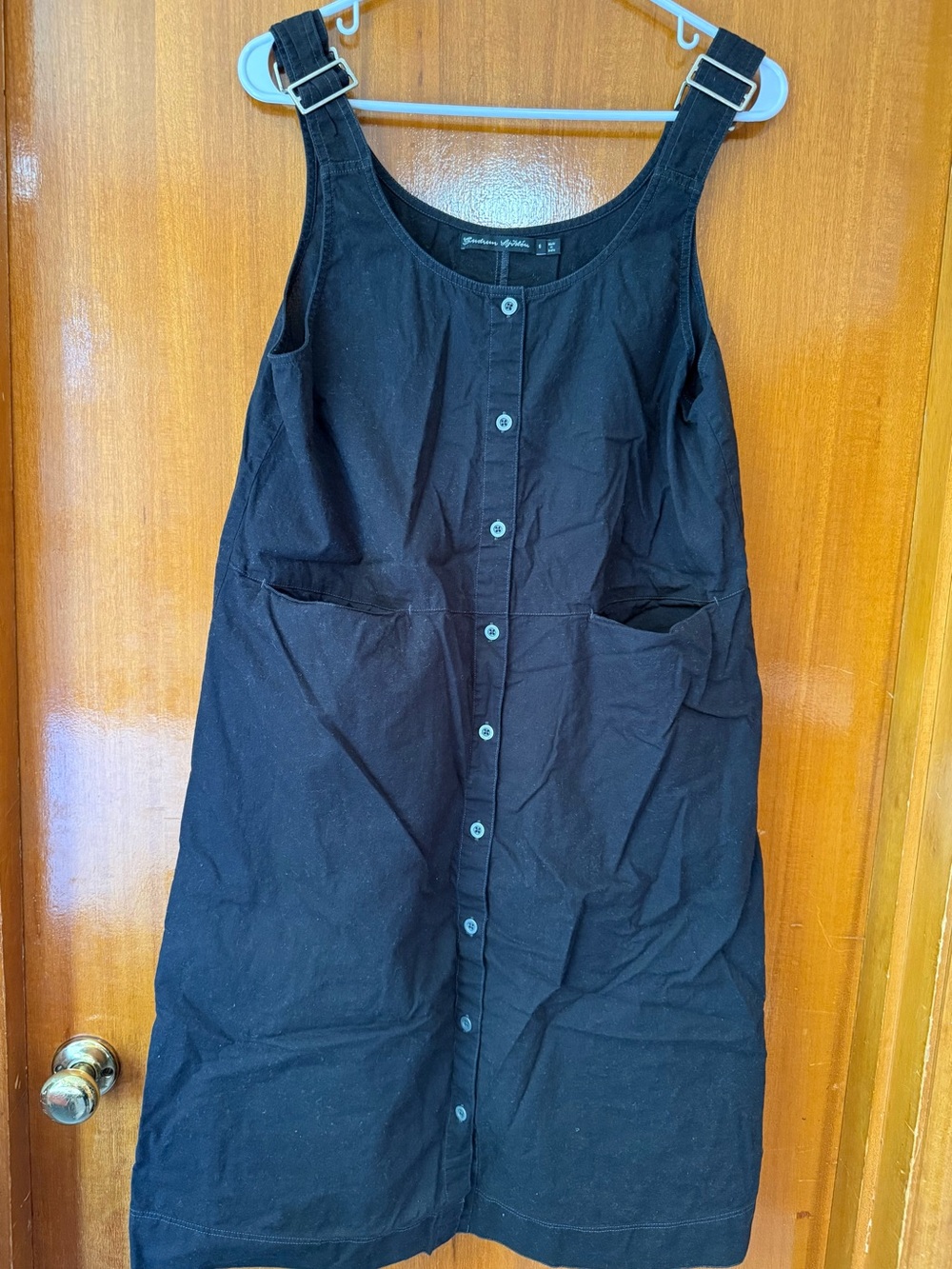 Gudrun Sjoden Black Button-Front Pinafore Dress with Front Pockets Size S